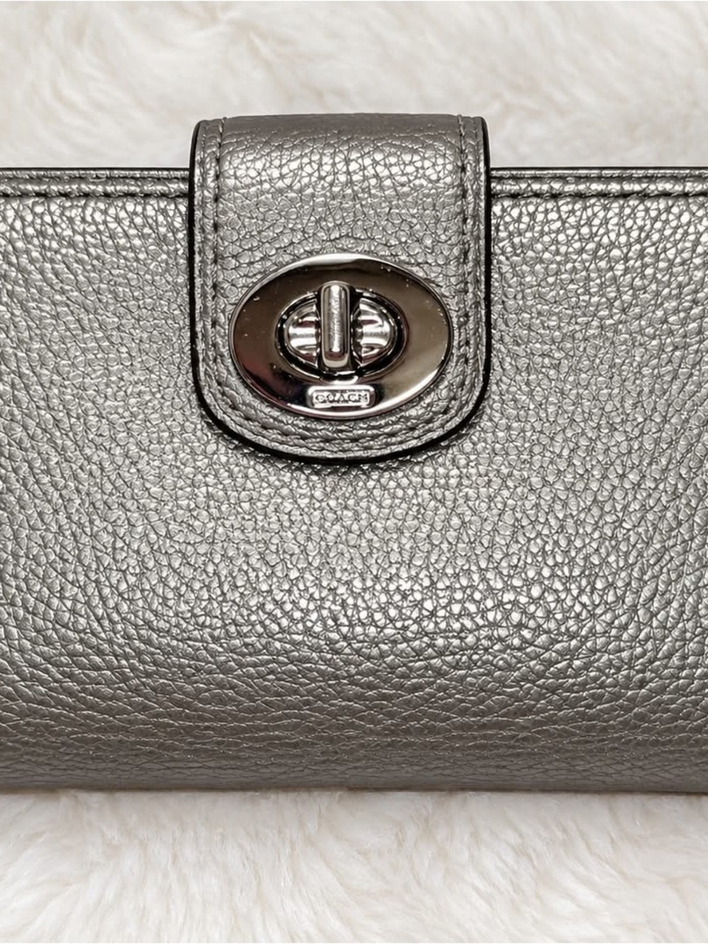 Coach Metallic Silver Pebbled Leather Wallet with Turnlock Accent